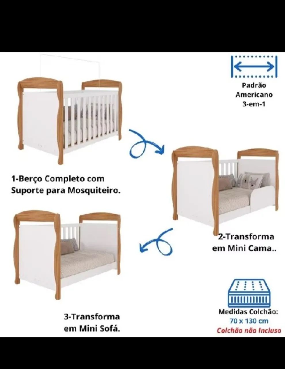 Berço Americano Marquesa 100% MDF Multifuncional 3 em 1