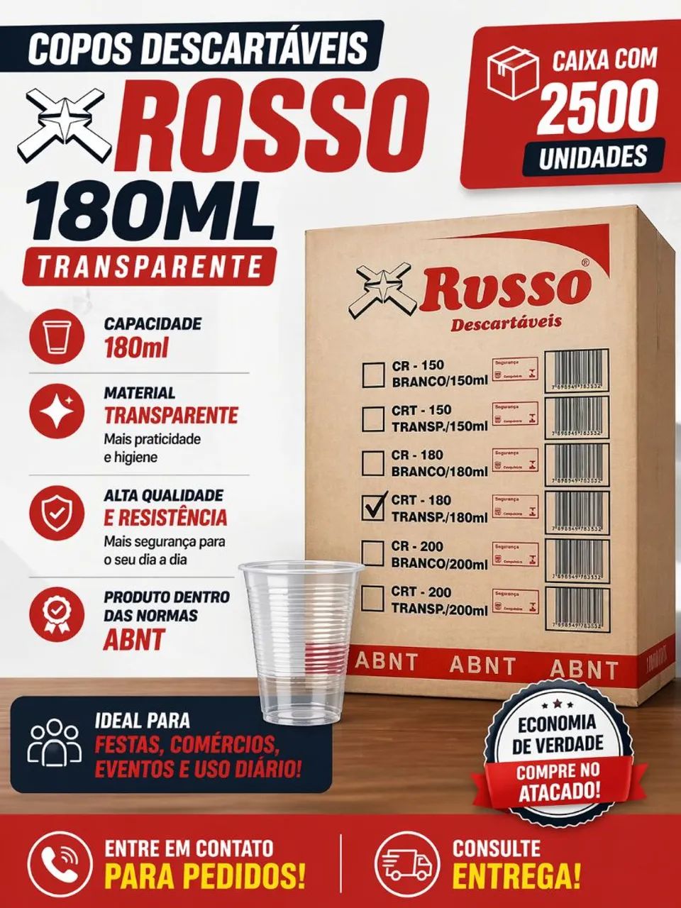 Copo Transparente180ml CX com 2500copos Descartáveis 
