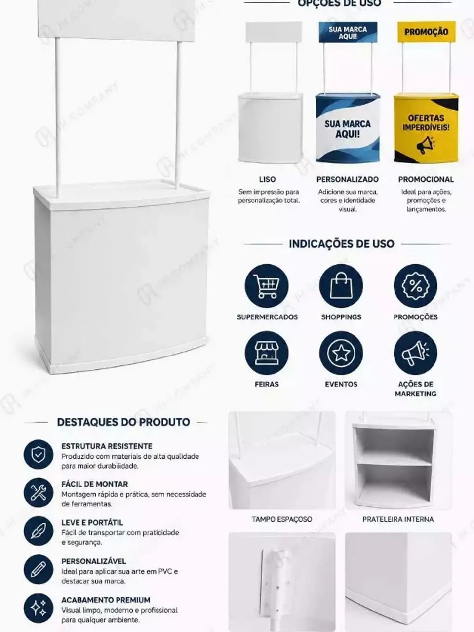Balcão PDV Desmontável PVC Branco Com Case Portátil Com Prateleira Interna P/ Eventos