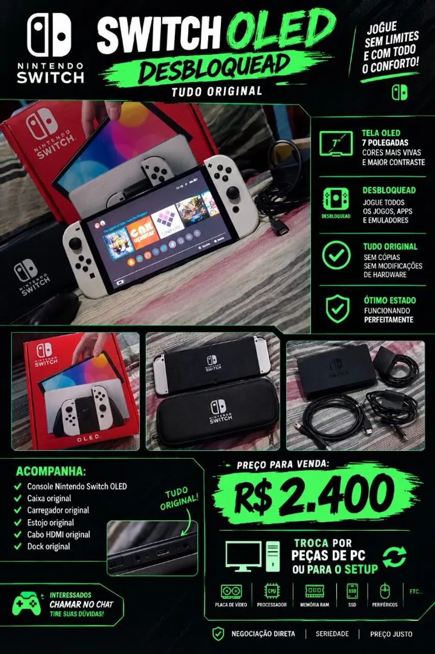 ? NINTENDO SWITCH OLED DESBLOQUEADO ? COMPLETO!