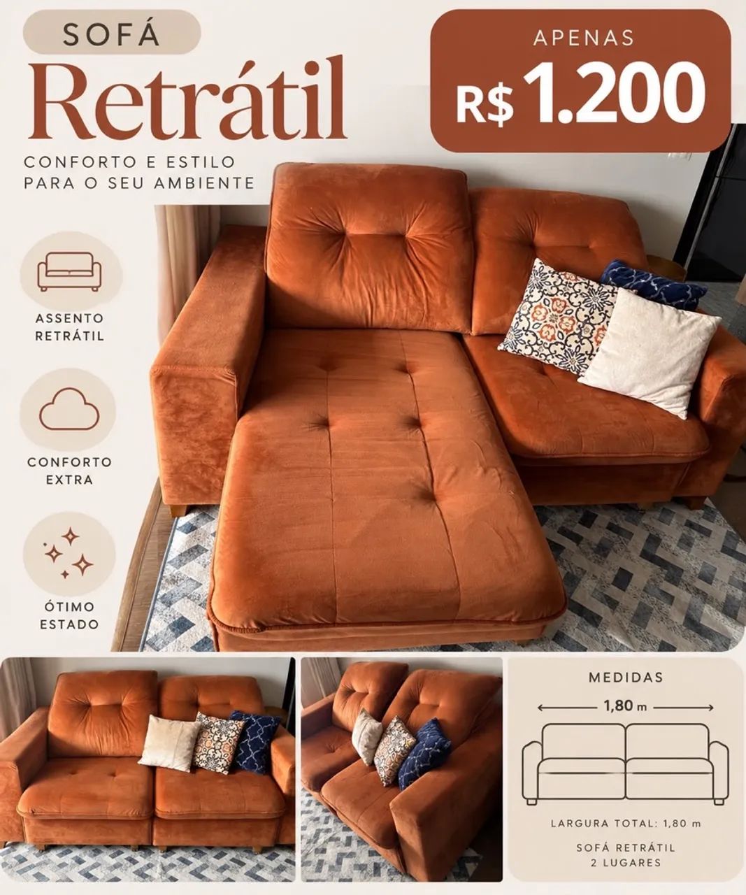 Sofá Retrátil 1,80m e Mesa 1,20 com 4 cadeiras e Escrivaninha 1,20 m