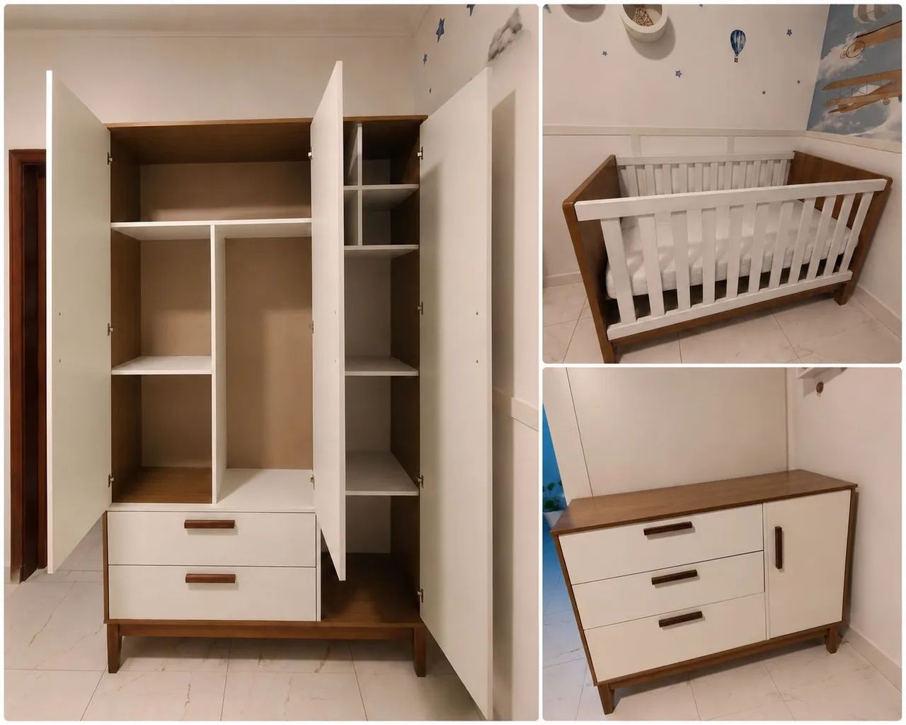 Jogo de quarto. Berço, cômoda e guarda roupa.