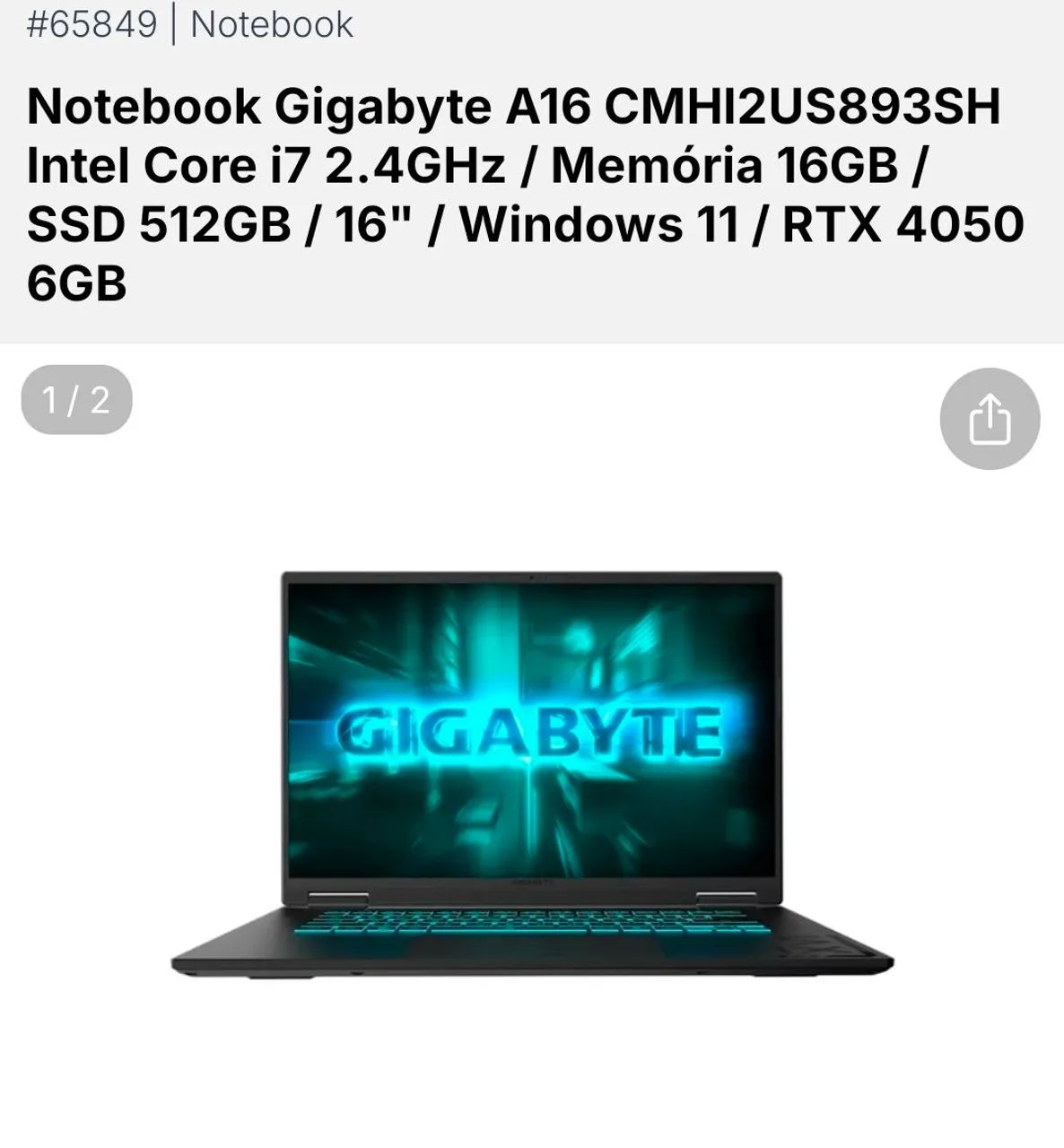 Notebook Gigabyte Intel Core i7 2.4GHz / Memória 16GB / SSD 512GB  RTX 4050 6GB