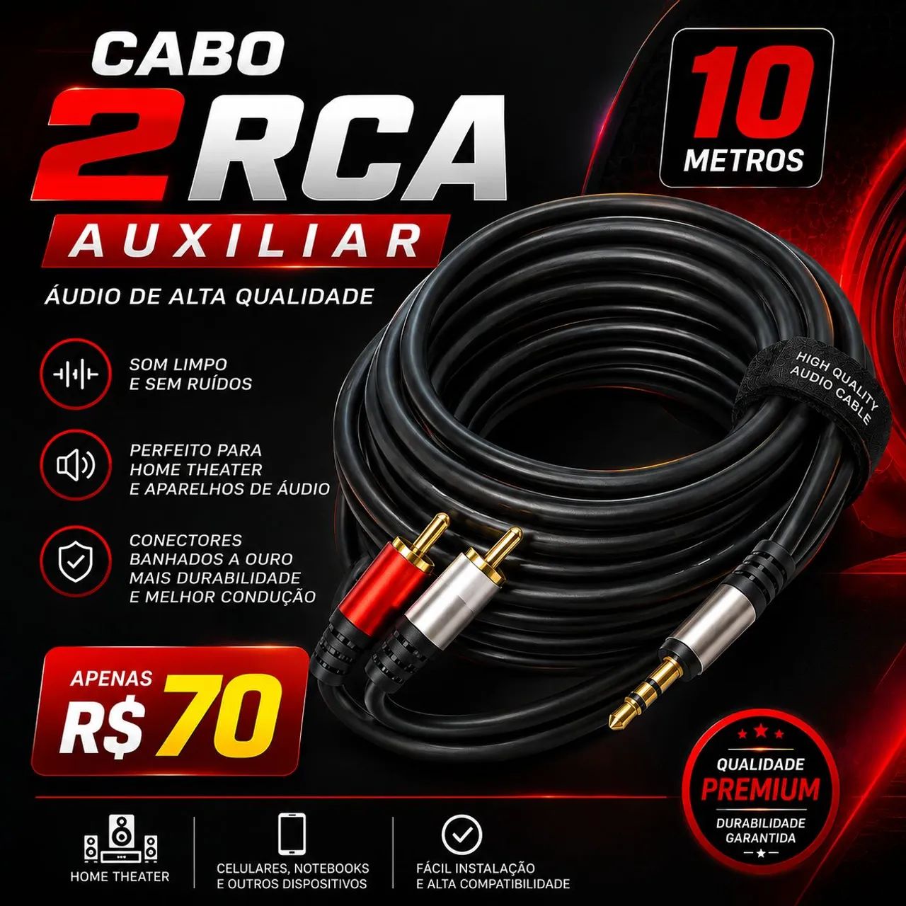 Cabo 2 RCA auxiliar 10 metro  - Foto 2