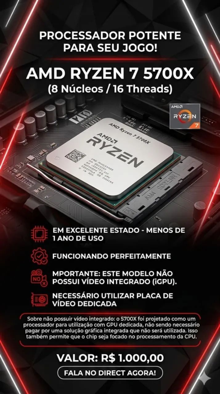 Processador AMD Ryzen 7 5700X (8 Núcleos / 16 Threads - AM4)