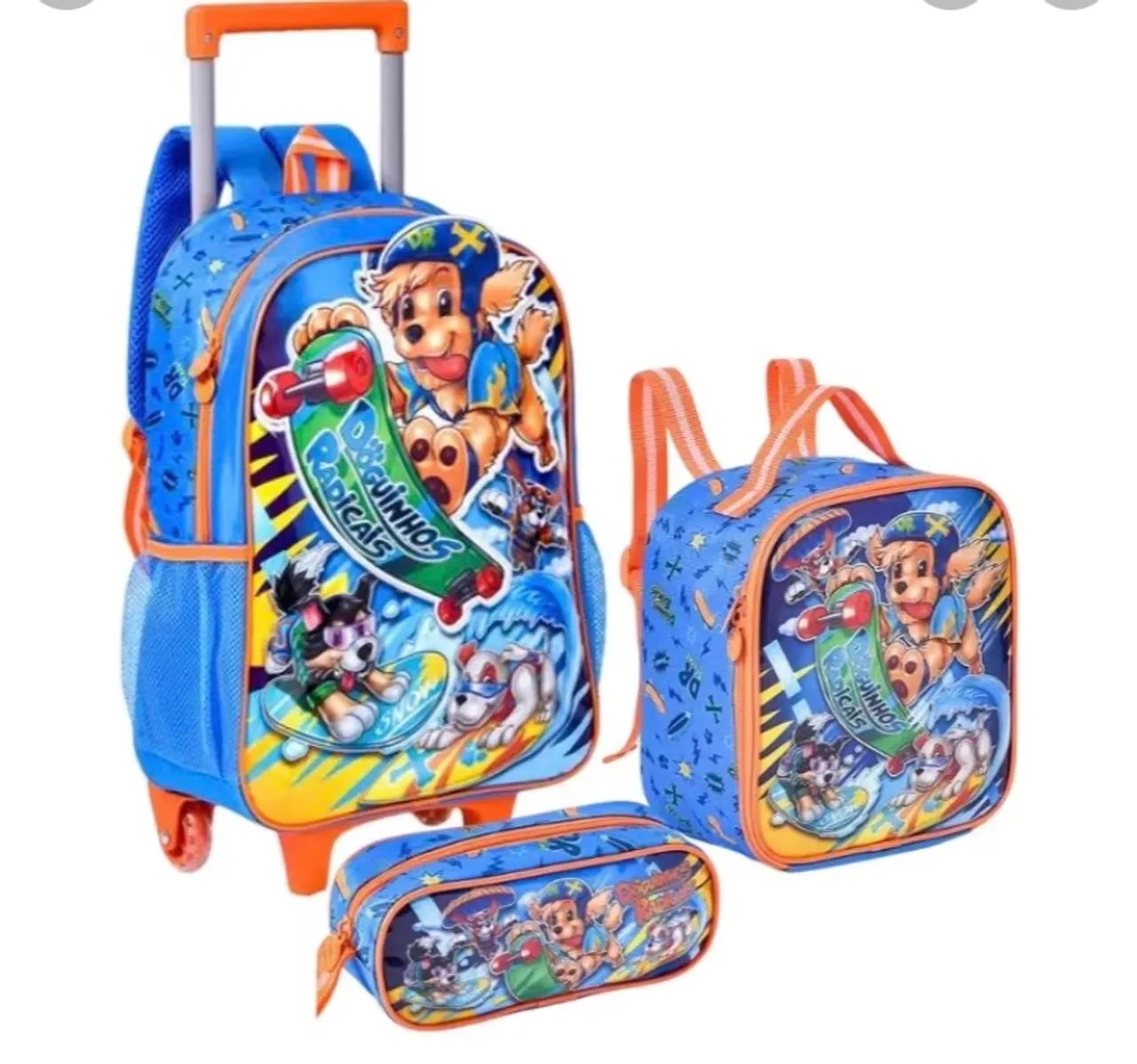 Kit Mochilas De Rodinhas + Lancheira + Estojo Clio Azul - Doguinhos Liso - Foto 2