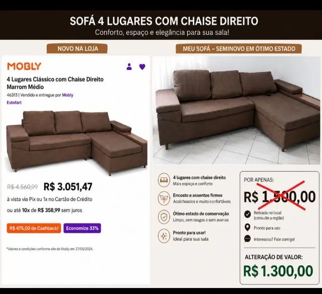 SOFA 4 LUGARES COM CHEISE DIREITO