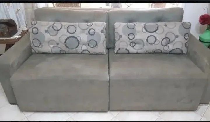 Sofá 4 Lugares Tecido Suede Molas Bonnel Assento Retrátil Cinza Escuro com Almofadas