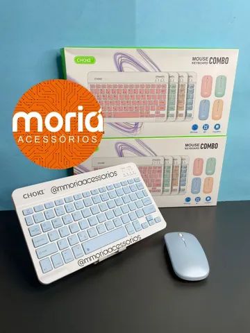 Kit Teclado e Mouse Bluetooth Sem Fio Tablet, Celular e IPad Azul - Foto 3