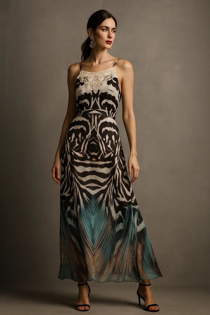 vestido longo estampado com renda ilícito