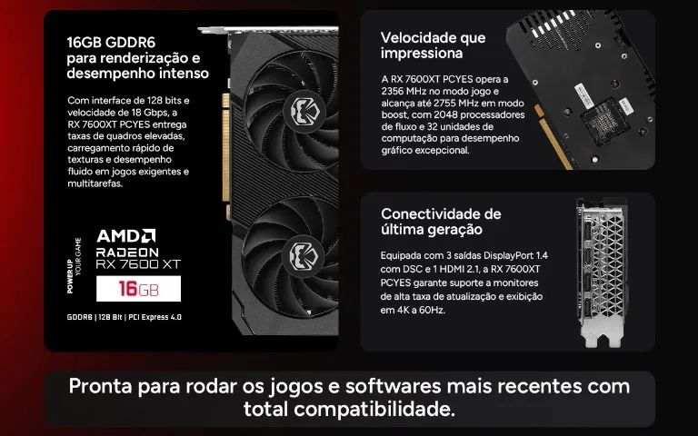 Placa de Vídeo AMD RX 7600XT 16GB GDDR6 Pcyes Dual Fan 128Bits 2 Anos de Garantia - WZetta - Foto 6