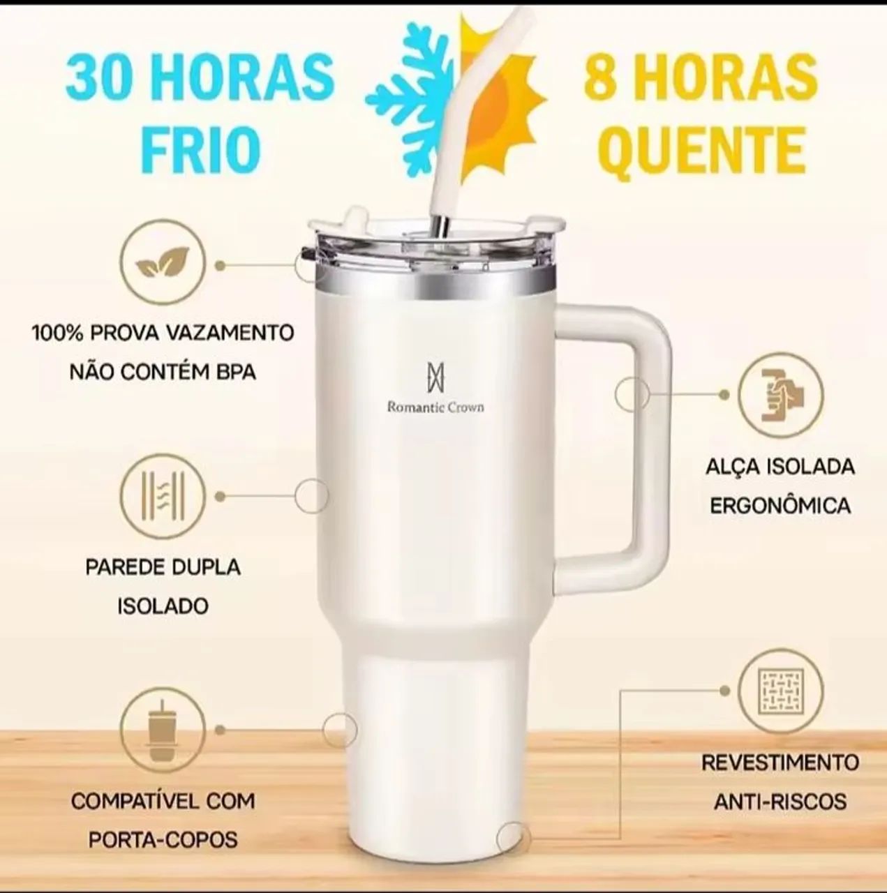 Copo Térmico Romantic Crown com Tampa e Canudo 1,2L - Foto 5