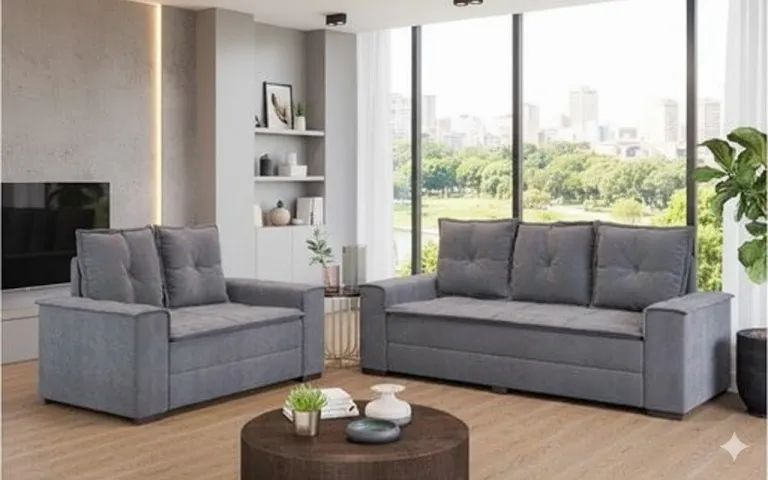 Conjunto sofa 2 e 3 lugares cinza veludo 