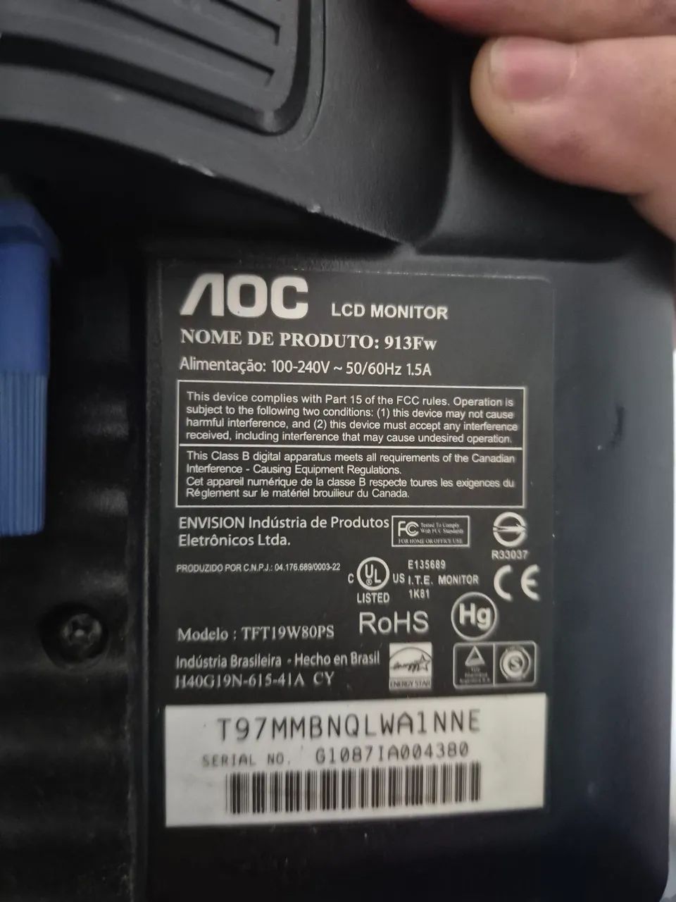 Monitor AOC LED 18.5" (Para Conserto ou Retirada de Peças) - Modelo E970SWHEN - Foto 5