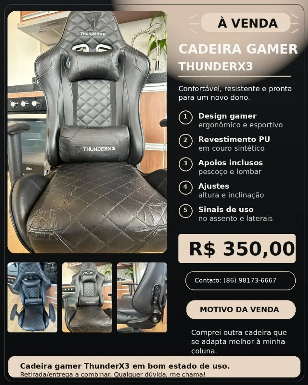 Cadeira Gamer ThunderX3 Preta 