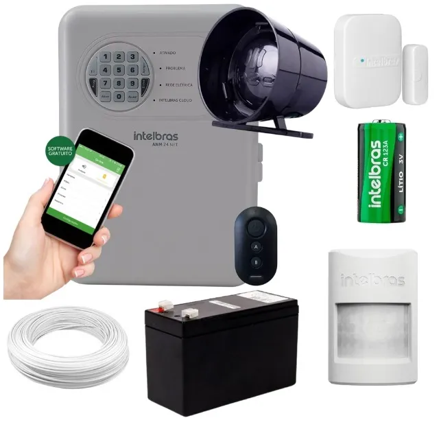 Kit alarme Intelbras ANM 24 Net monitoramento Via aplicativo +2 sensores sem fio + bateria