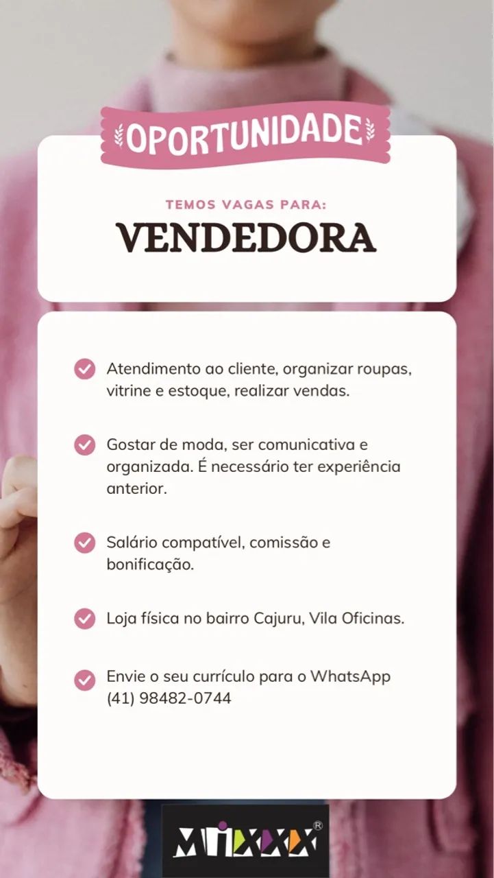 Vaga para vendedora loja de roupas
