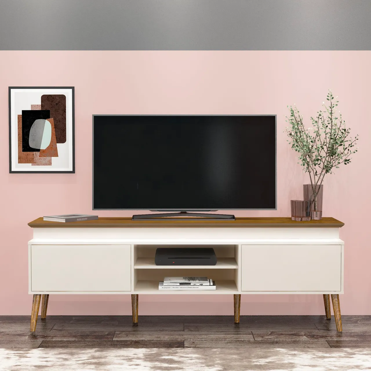 RACK RETRÔ COM PES EM MADEIRA MACIÇA - COM LED EMBUTIDO - PARA TV ATÉ 75"