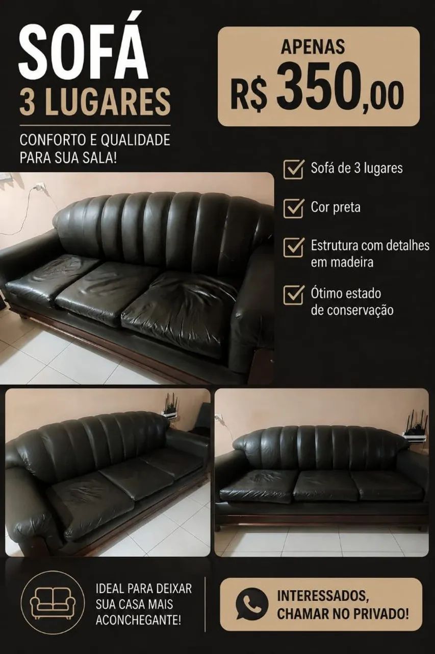 Sofá 3 Lugares Preto