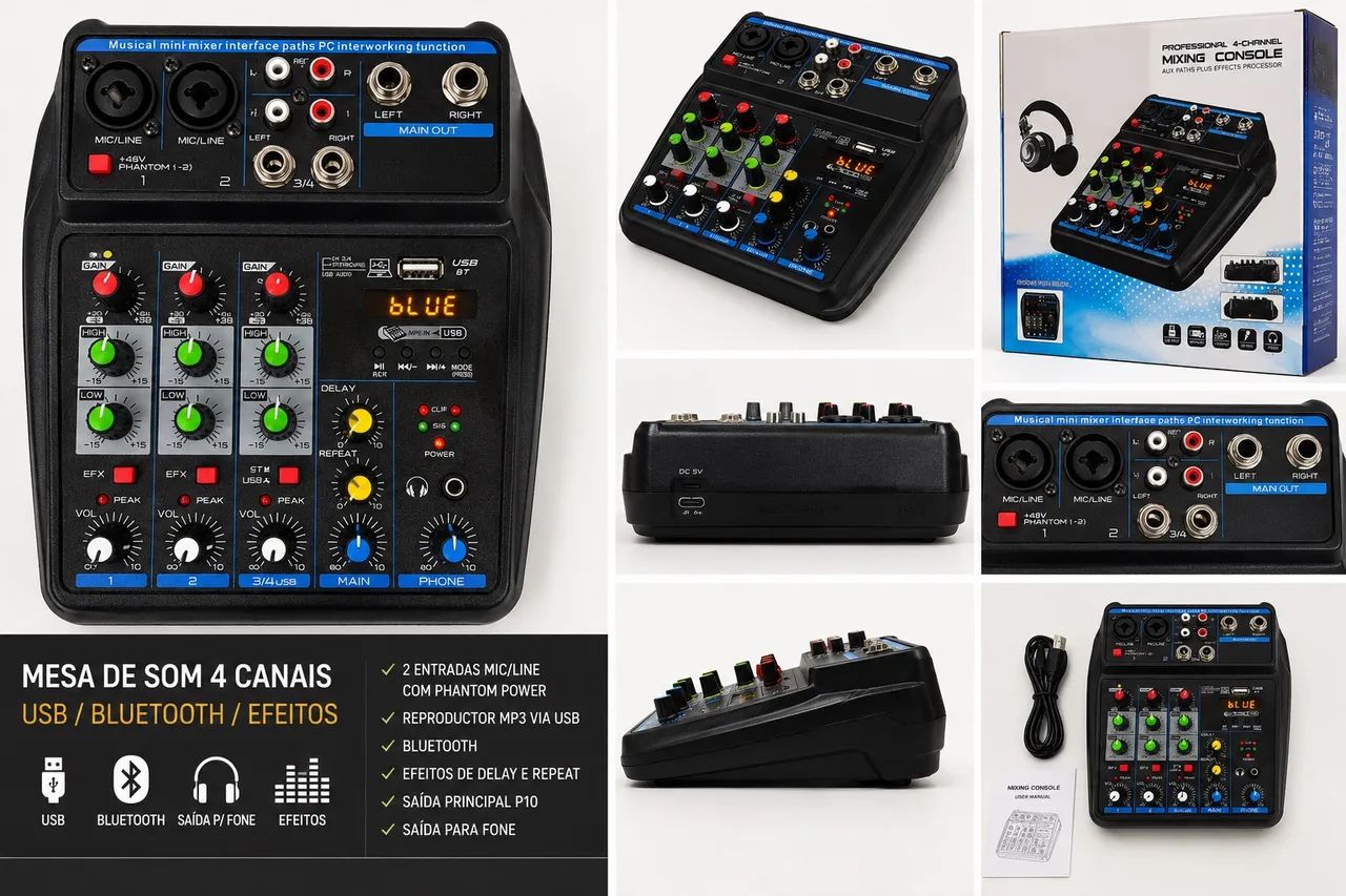 Mesa de Som 4 Canais USB/Bluetooth + Efeitos | Semi Nova