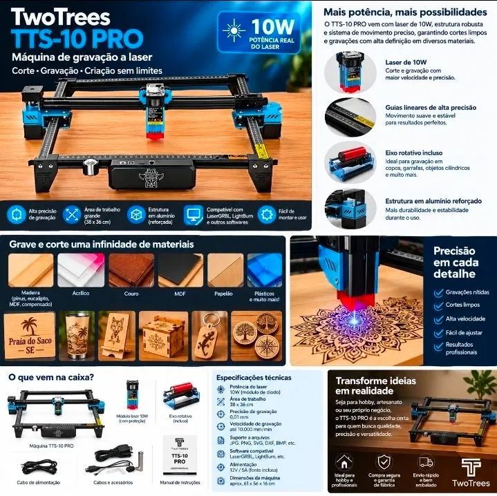 TwoTrees TTS-10 PRO 10W Com Eixo Rotativo - Máquina de Gravação a