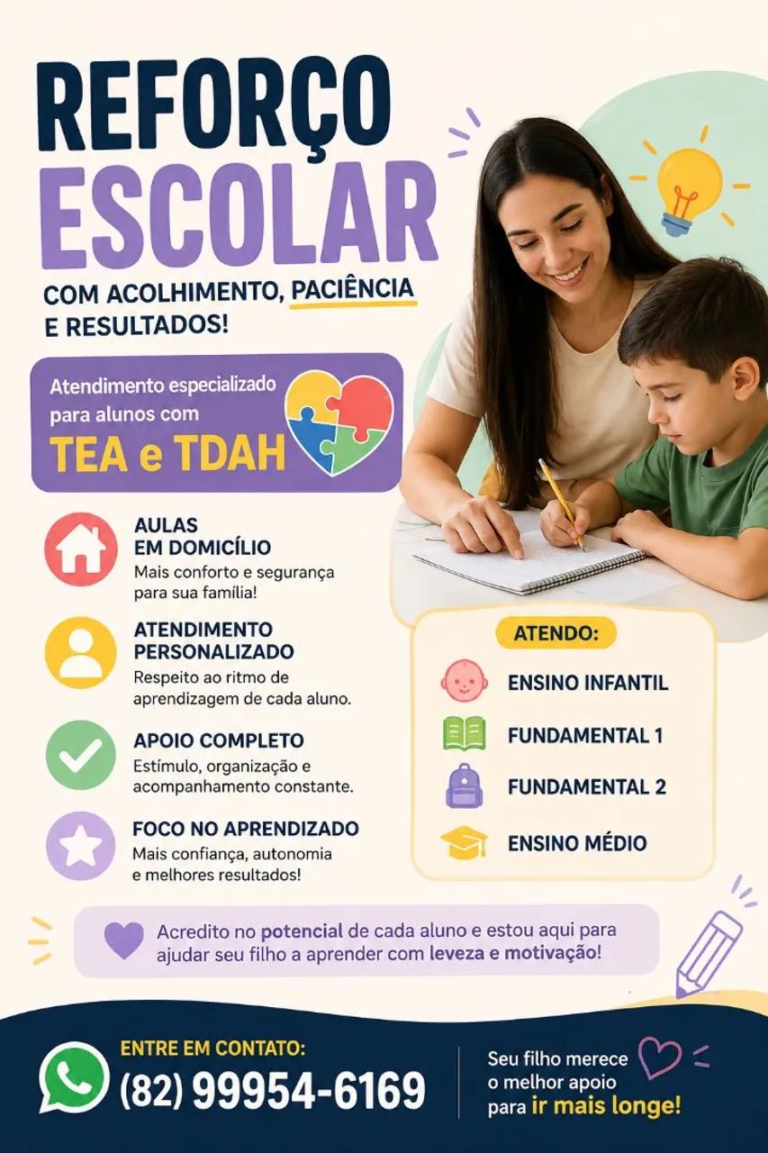 Reforço Escolar em Domicílio | TEA e TDAH | Todas as Disciplinas