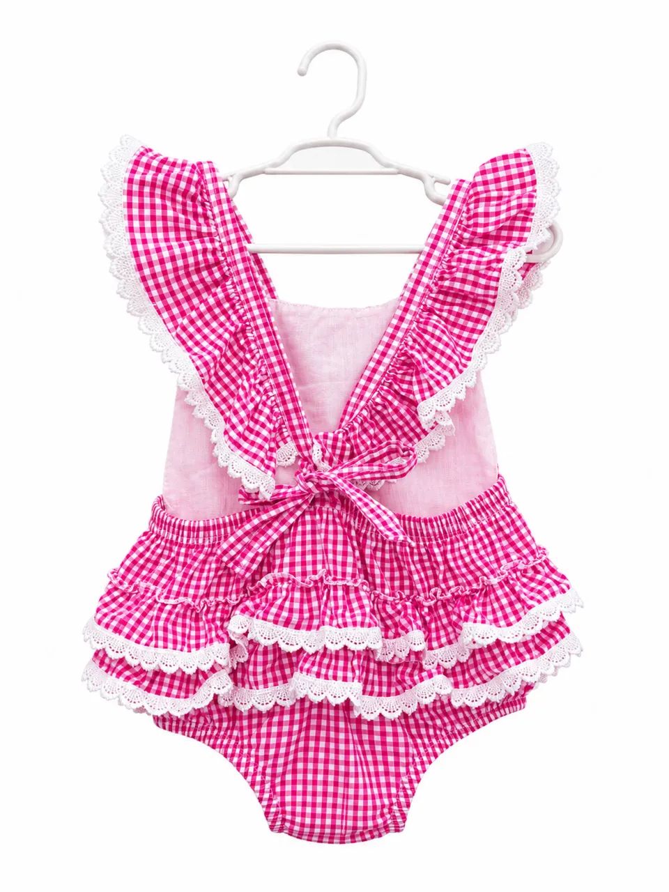 Romper xadrez pink com babadinhos e rendinha - Foto 2