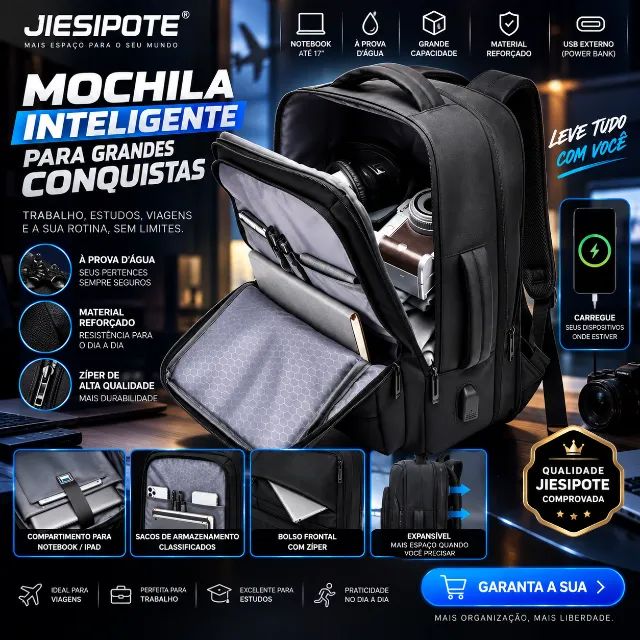 Mochila para Notebook Jiesipote Expansível com Porta USB Externa