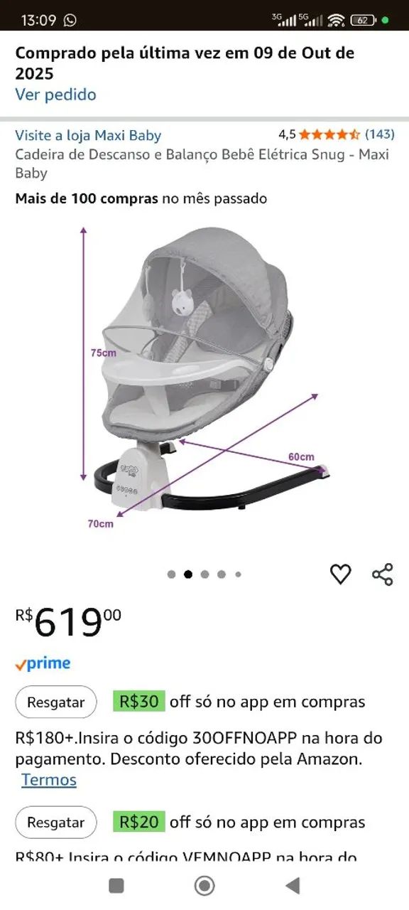 Cadeira de bebê balanço Max baby até 15kg - Foto 4