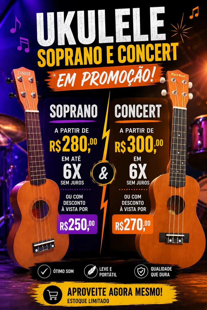 Ukulele soprano e concert em promoção