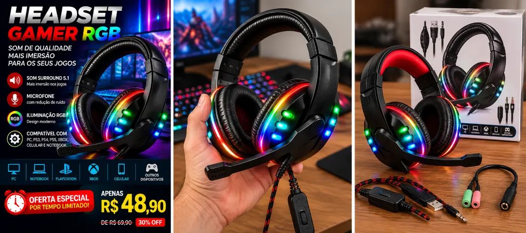 Headset Gamer RGB Led Com Microfone P2 P/ PC PS3 PS4 PS5 Xbox Celular Notebook Surround 5.