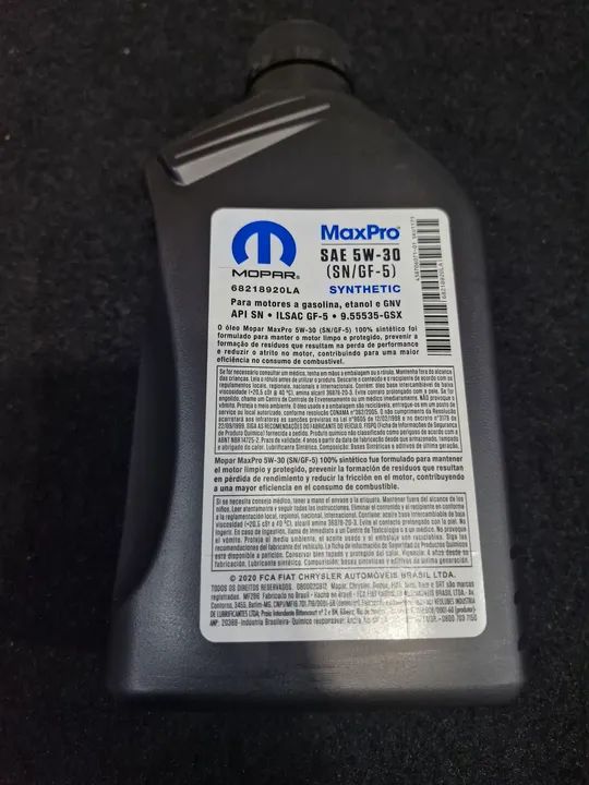 Oleo motor MaxPro Mopar SAE 5w30 Synthetic gasolina, etanol, GNV