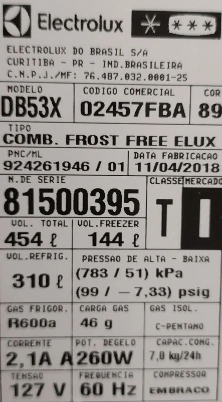 Defeito: Geladeira DB53X Electrolux Inverse Frost Free - Foto 2