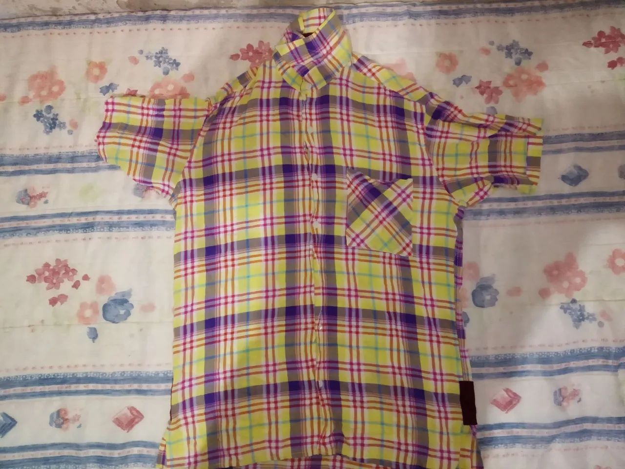 Camisa xadrez colorida manga curta Masculino 