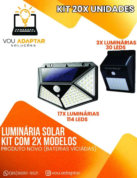 Kit 20x Luminária refletor Parede Solar 30 e 114 Leds Sensor (Leia)