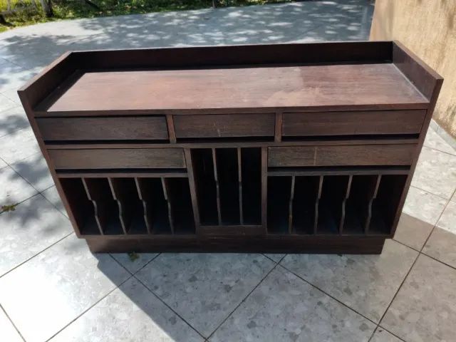 Vintage cabinet for audio equipment and TV, with 5 drawers and 3 slots for LPs (vinyl records)
