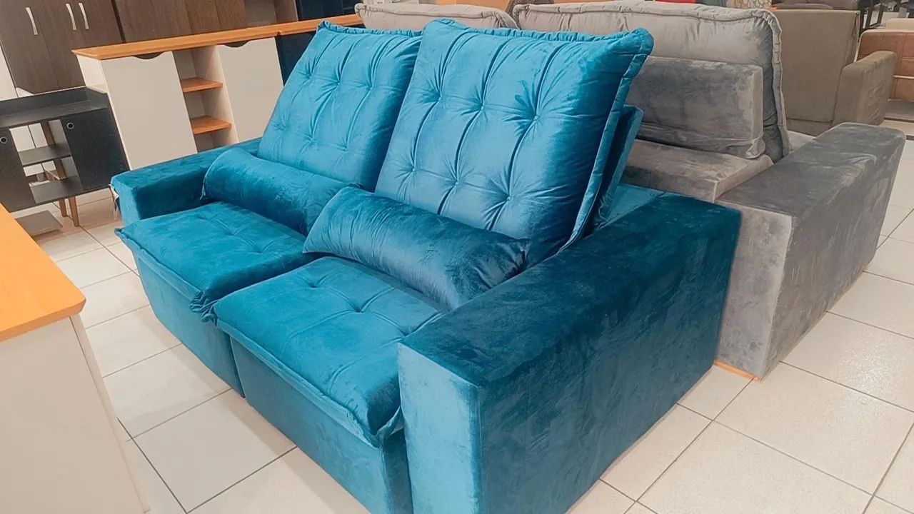 Sofá Retrátil Molas Ensacada Azul Super macio  - Foto 2