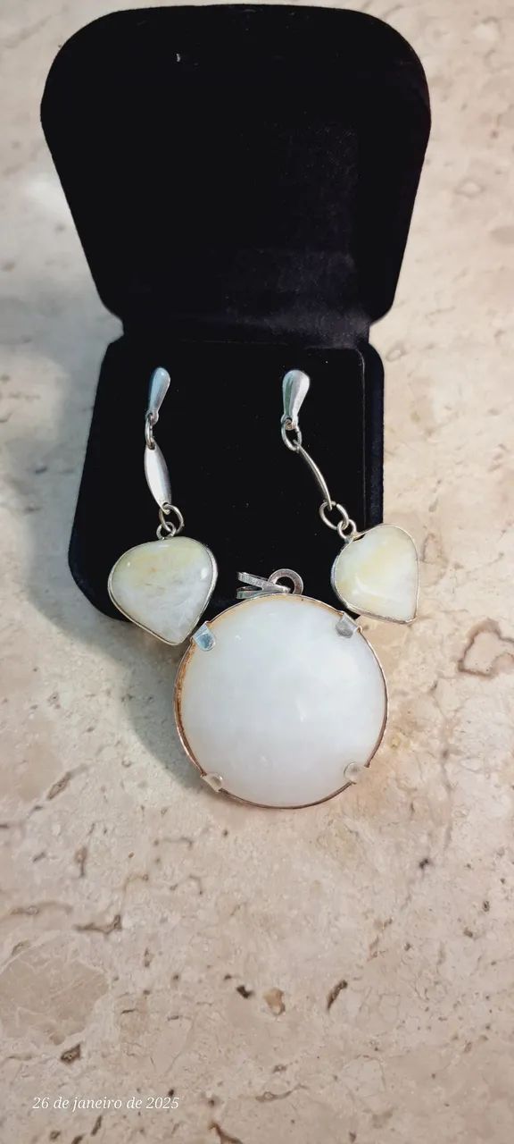 Pingente + brincos quartzo branco natural