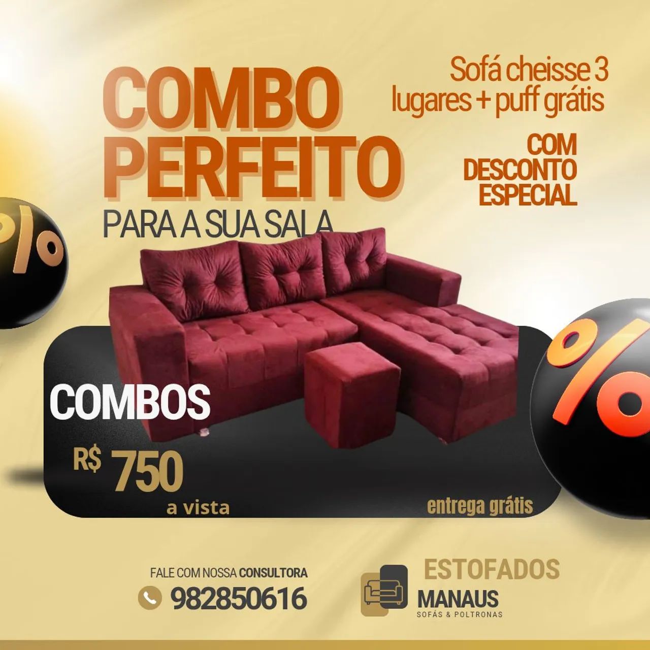 Combo Perfeito de Sofá Cheisse 3 Lugares + Puff Grátis - Foto 3