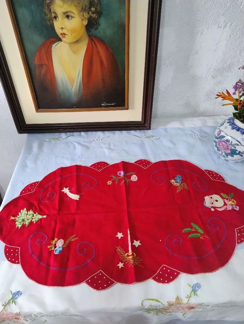 Centro de mesa linho bordado motivos natalinos 