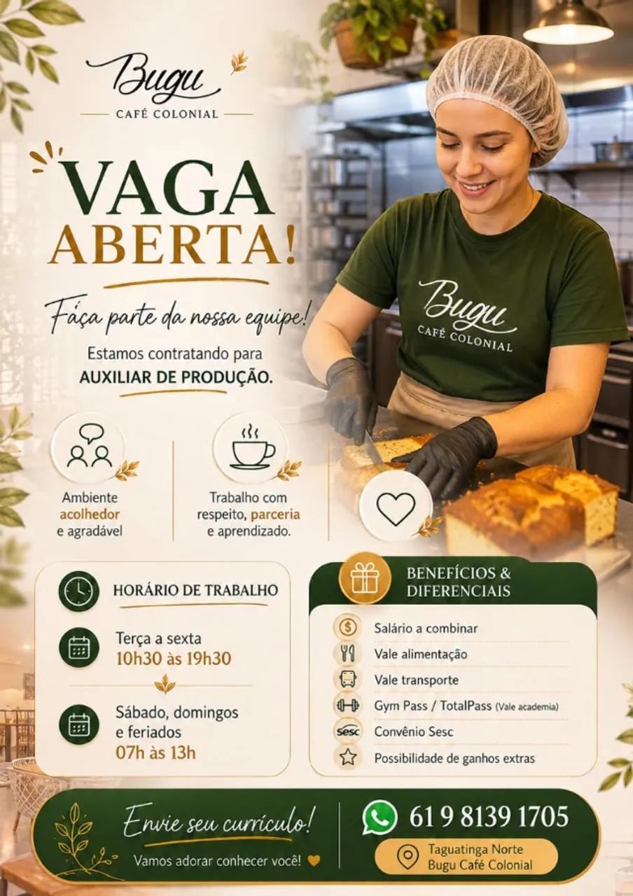 Auxiliar de cozinha -Bugu Café colonial/ Taguatinga Norte