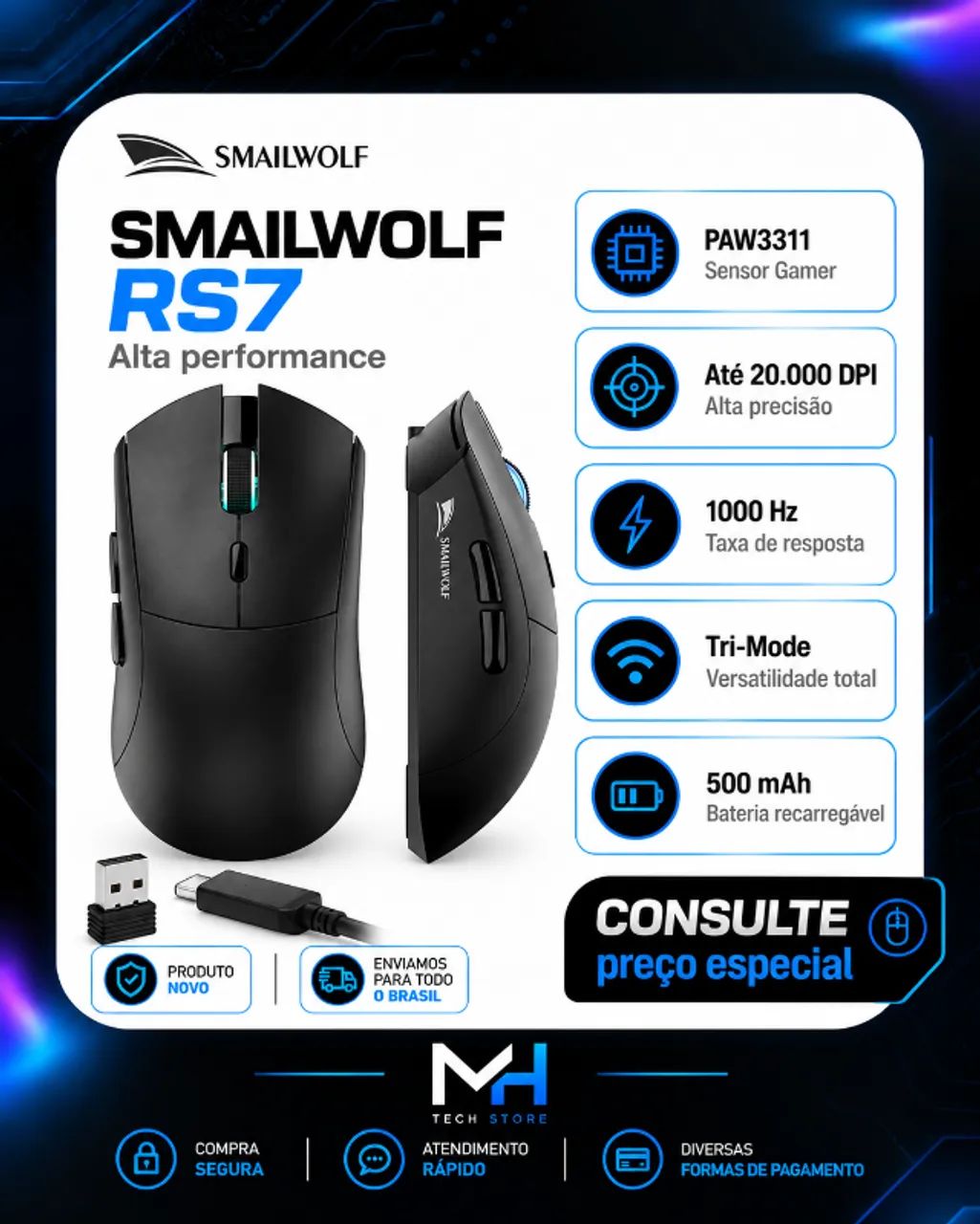 Mouse Gamer Smailwolf RS7 Tri-Mode 20.000 DPI PAW3311 - Foto 5