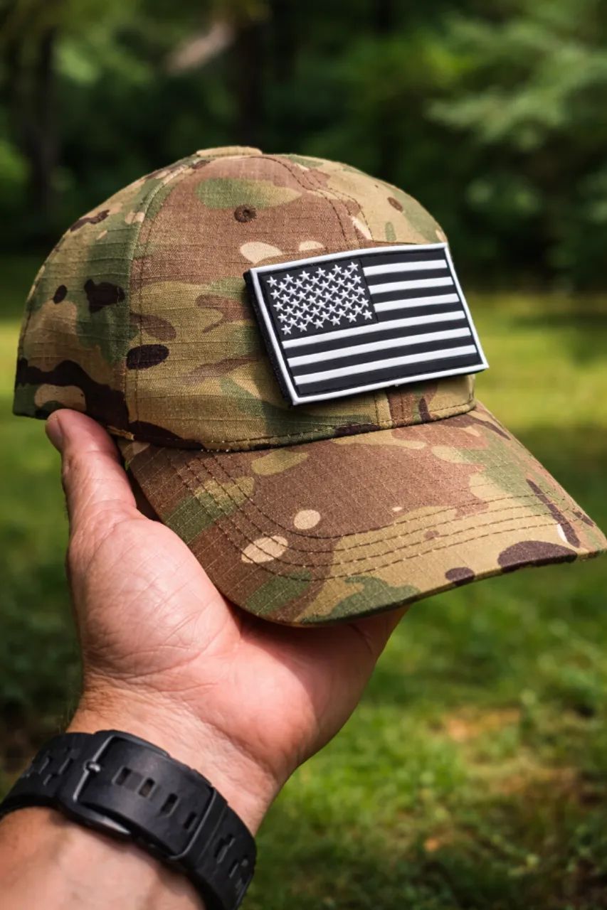 Boné Tático Camuflado + Patch Bandeira EUA | Ajustável