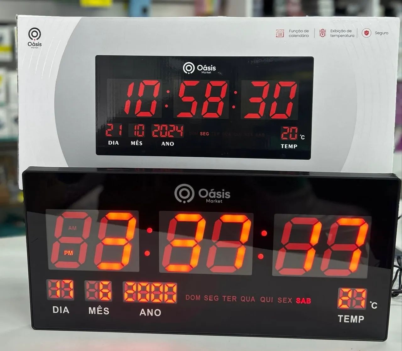 Relógio de parede digital com calendário e temperatura 