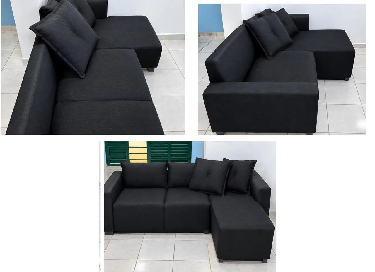 Sofá de Canto Preto com Chaise - 1 Ano de Uso