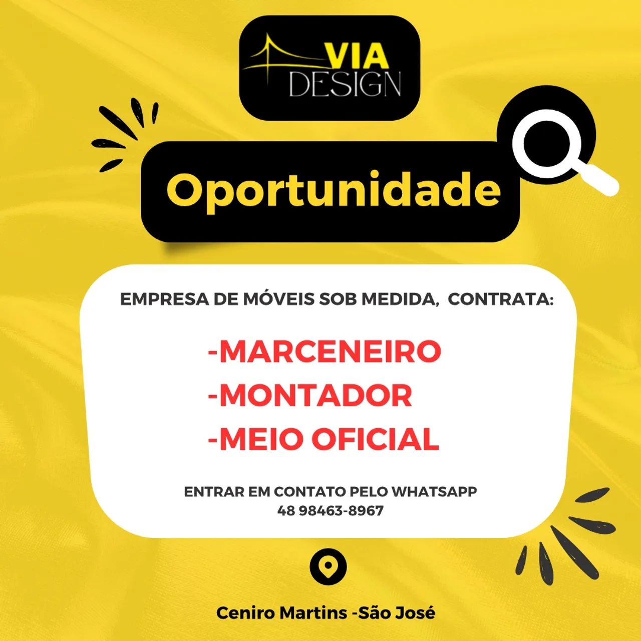 Vaga marceneiro, montador e meio oficial