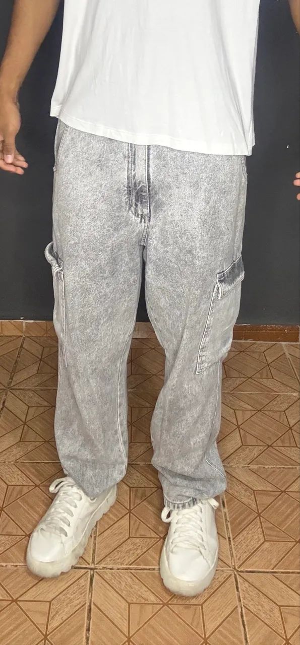 Calça Wide Leg Cargo Masculina Cinza - Foto 2