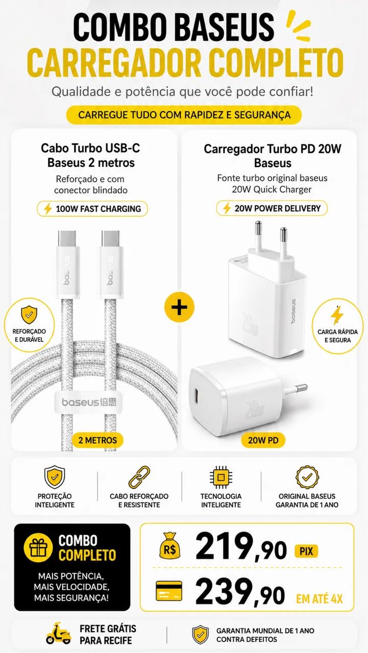 Carregador iPhone 15/16/17 pro max baseus completo 