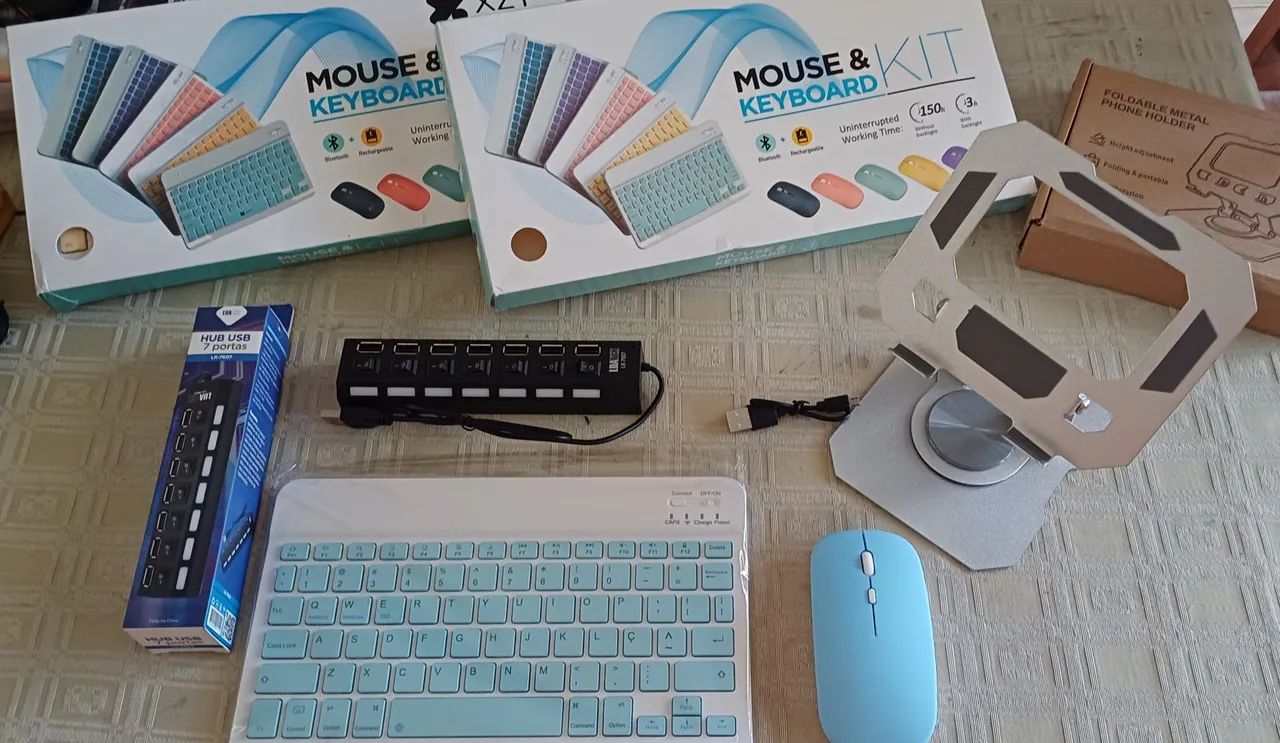 Kit Mouse e Teclado S/ Fio Bluetooth - Recarregável + Suporte aluminio giratório + Hub 7  - Foto 4