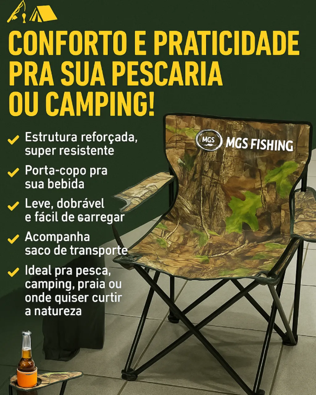 Cadeira para Pesca Camping Dobrável MGS Fishing - Tamanho Médio Reforçada